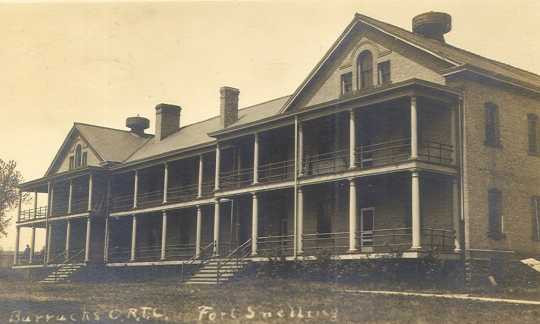 Black and white photograph of Officers’ training camp barracks at Fort Snelling, ca. 1917.