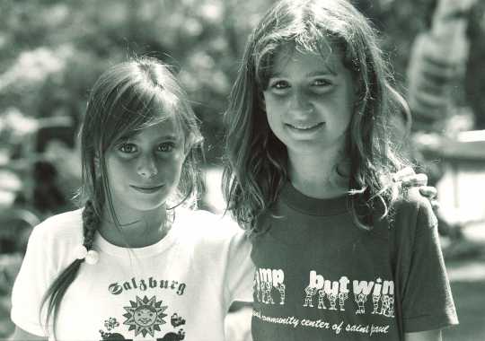 Black and white photograph of two campers at Dick Butwin Day Camp, 1986.