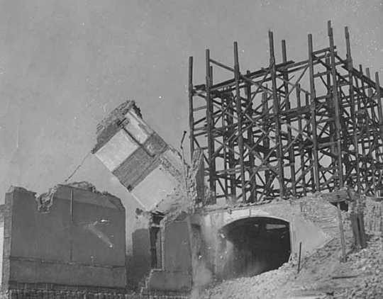 Black and white photograph of the wrecking of the old State Capitol, St. Paul, 1938. Photographed by the St. Paul Dispatch.