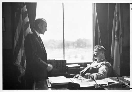 : Attorney General Miles Lord (left) and Minnesota Governor Orville Freeman (right), 1958.