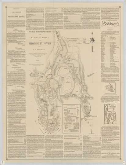 Detailed hydrographic chart of the source of the Mississippi River (Lake Itasca) and surrounding area completed by Jacob Brower in 1891.