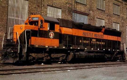 Color image of Great Northern diesel locomotive number 400, 1966. Photograph by Myron T. Gilbertson. 