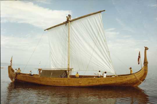 Color image of the crew of the Hjemkomst. Photograph by Rose Asp, 1982. From the Rose Asp Collection, Historical and Cultural Society of Clay County.