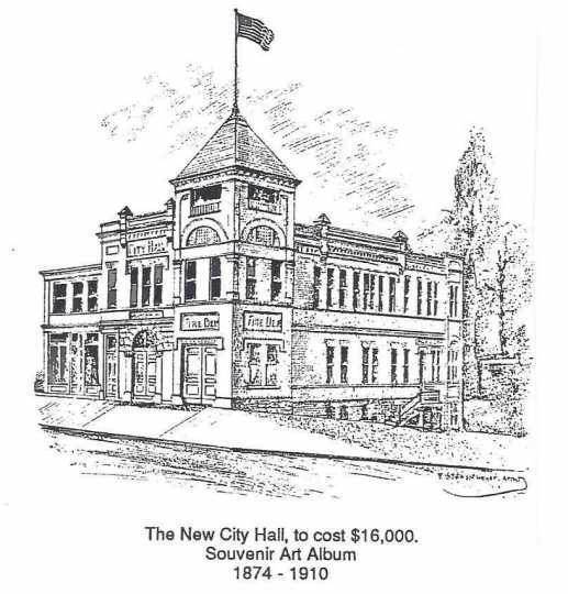 Drawing of Crookston’s city hall as depicted in the “Souvenir Art Album 1874–1910.”