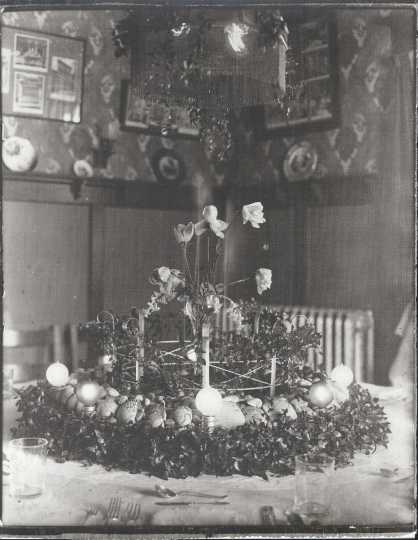 Black and white photograph of a table fountain in the dining room of Bert Keck’s home, ca. 1912.