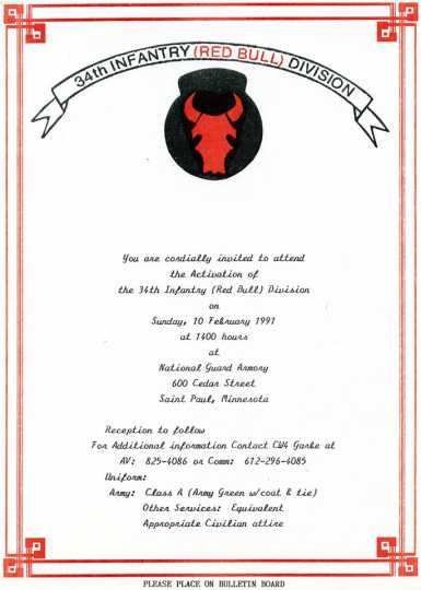 Color scan of an invitation to the ceremony on February 10, 1991, that reactivated the Thirty-fourth Division.