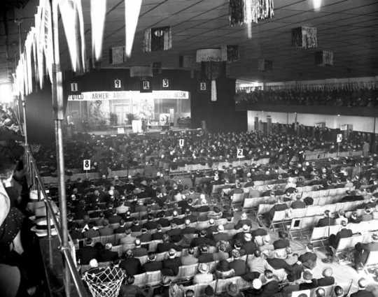 Black and white photograph of a Farmer-Labor party rally against fascism, 1938.