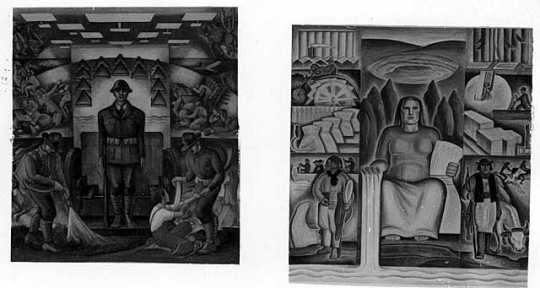 Black and white photograph of Federal Art Project murals by Lucia Wiley and Elsa Jemne in the Minneapolis Armory, October 15, 1936.
