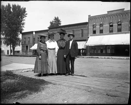 Black and white photograph of people on Main Street, Fulda. Photograph by Dr. Emil King, ca. 1905.