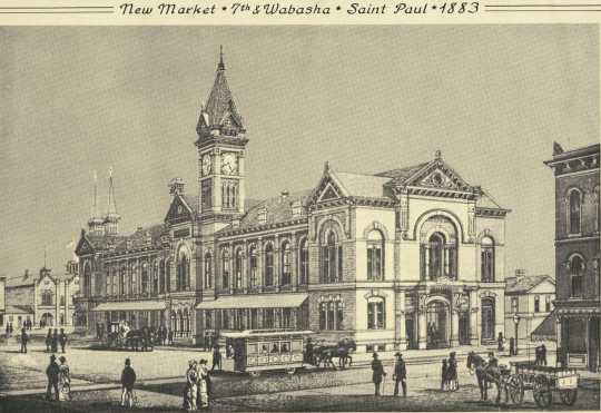 Black and white photograph of New Market House, Seventh and Wabasha, St. Paul, 1883.