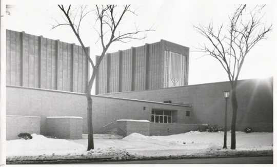 Black and white photograph of the exterior of Mount Zion Temple c. 2012.