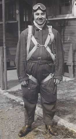 Black and white photograph of Maas in flight suit, c.1929.