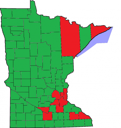 Map of Minnesota showing the results of the marriage referendum included on ballots for the election held on November 6, 2012. Counties marked in red indicate a majority of “no” votes; counties marked in green indicate a majority of “yes” votes.