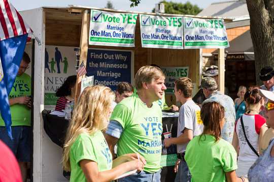 Color image of the Minnesotans for Marriage booth at the Minnesota State Fair. Photographed by Tony Webster on September 2, 2012.