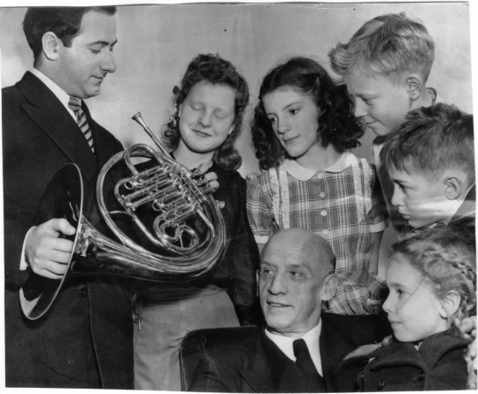 Dimitri Mitropoulos with sixth graders at a children’s concert