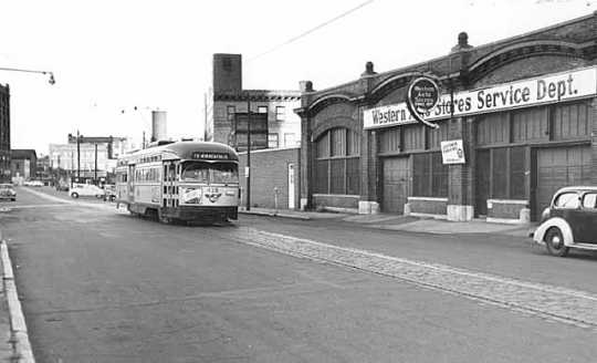 Black and white photograph of a President's Conference Committee (PCC) streetcar #419, July 27, 1953. Photographed by John Runk, Jr.