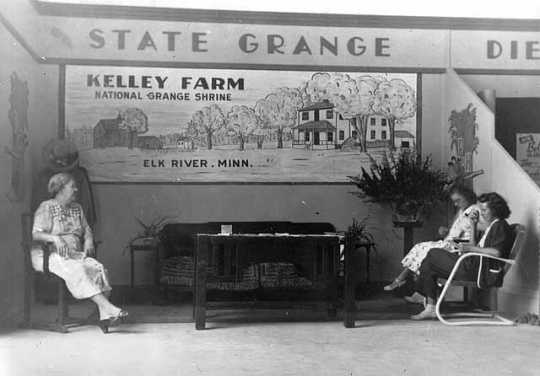 Black and white photograph of a State Grange booth at the Minnesota State Fair, c.1948.