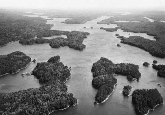 Black and white aerial photo of the Boundary Waters Canoe Area, ca. 1980. 