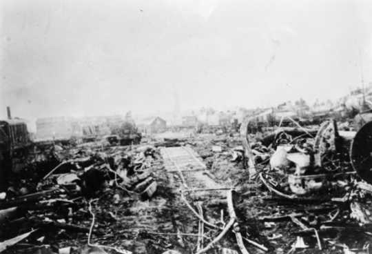 Black and white photograph of Duluth & Northeastern Railroad yards after the fire, 1918.