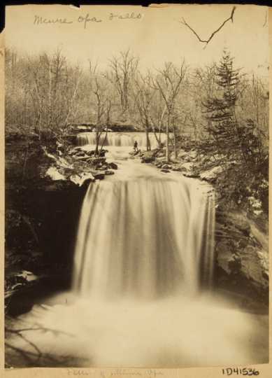 Black and white photograph of Minneopa Falls, Minnesota, ca. 1865.