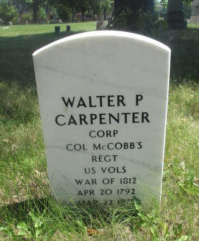 Color image of the headstone of Walter P. Carpenter, in Pioneers and Soldiers Memorial Cemetery in Minneapolis, 2016. Photographed by Paul Nelson.