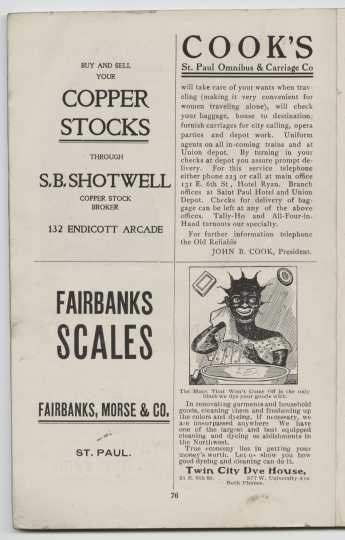 Advertisement in the Bankers in Burnt Cork pamphlet featuring blackface iconography. From the Minnesota Historical Society pamphlet collection, St. Paul.