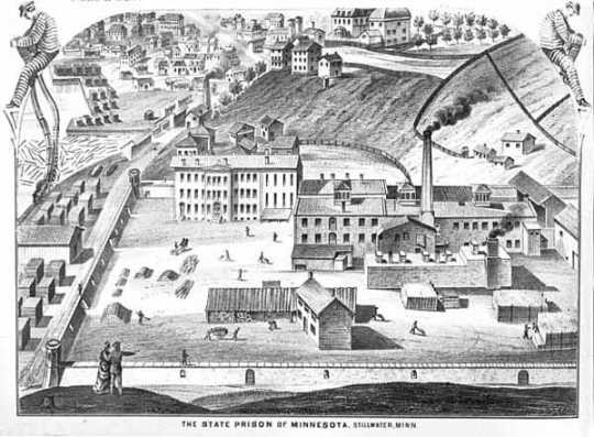 lithograph of the prison facilities and grounds at Stillwater