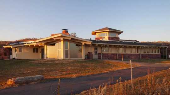 Color image of the Blue Mounds State Park interpretive center, formerly the home of Frederick Manfred, 2012. Photograph by Wikimedia Commons user McGhiever.