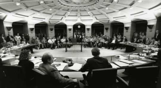 Black and white photograph of Allan Spear at a Judiciary Committee hearing, 1987–1990.