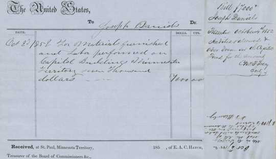 Scan of the receipt of payment to John Daniels dated October 2, 1852 for work rendered on the capitol.