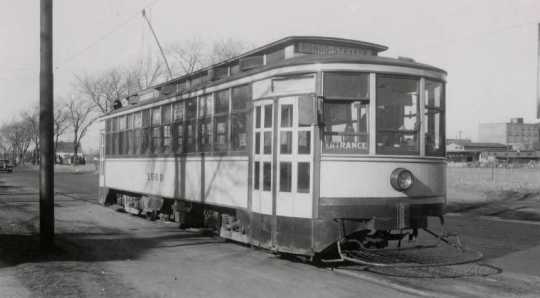 Black and white photograph of a streetcar at Rondo Avenue and Griggs Street, 1947. 